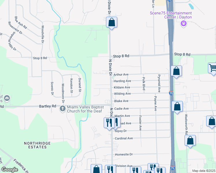 map of restaurants, bars, coffee shops, grocery stores, and more near 2713 Tangy Court in Dayton