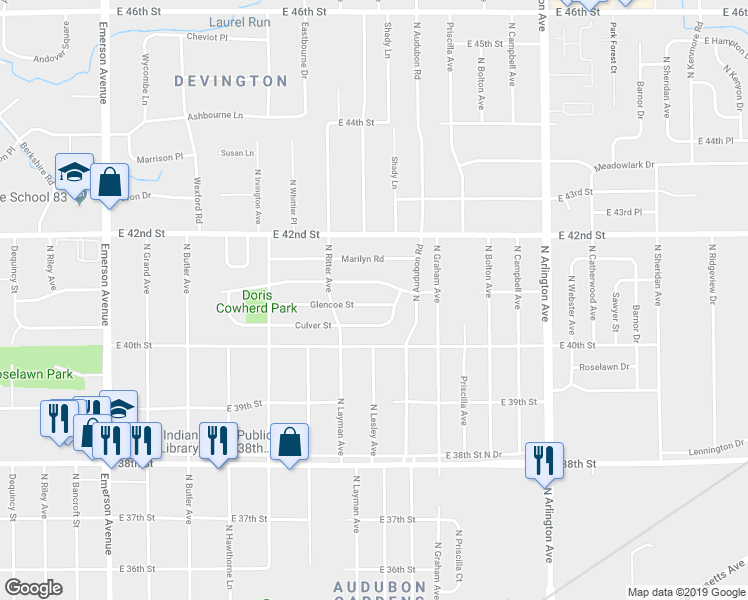 map of restaurants, bars, coffee shops, grocery stores, and more near 5542 Glencoe Street in Indianapolis