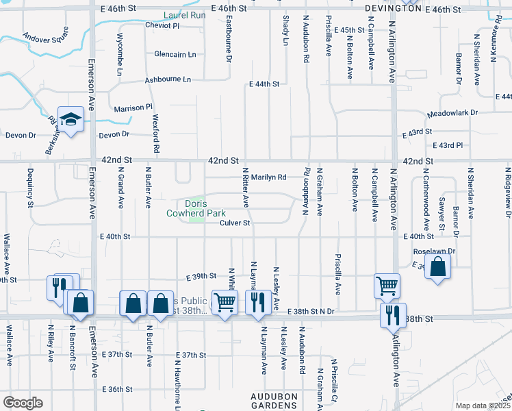 map of restaurants, bars, coffee shops, grocery stores, and more near 5542 Glencoe Street in Indianapolis