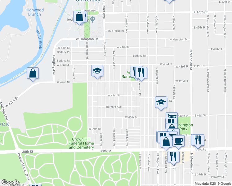 map of restaurants, bars, coffee shops, grocery stores, and more near 4109 Rookwood Avenue in Indianapolis