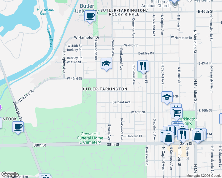 map of restaurants, bars, coffee shops, grocery stores, and more near 4115 Byram Avenue in Indianapolis