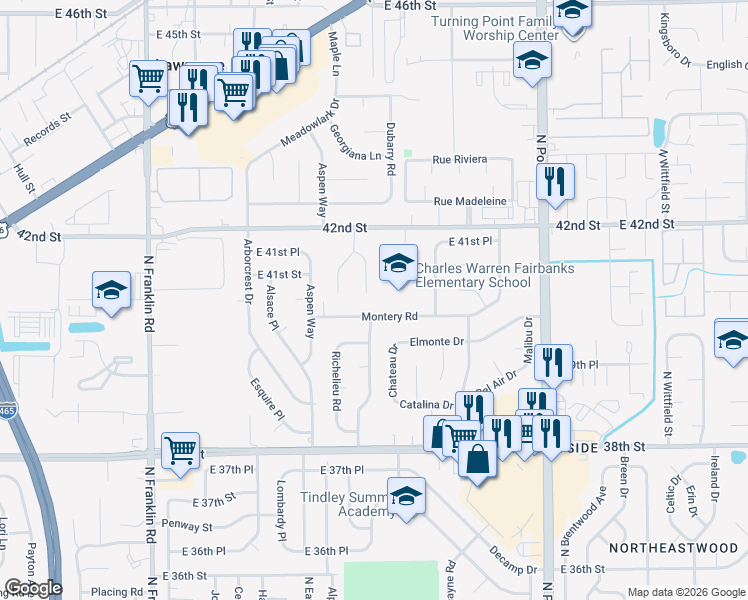 map of restaurants, bars, coffee shops, grocery stores, and more near 4007 Marseille Road in Indianapolis