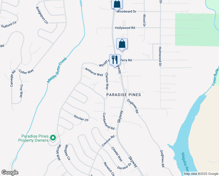 map of restaurants, bars, coffee shops, grocery stores, and more near 14380 Clarion Way in Magalia