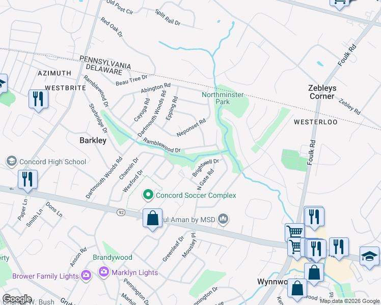 map of restaurants, bars, coffee shops, grocery stores, and more near 2410 Ramblewood Drive in Wilmington