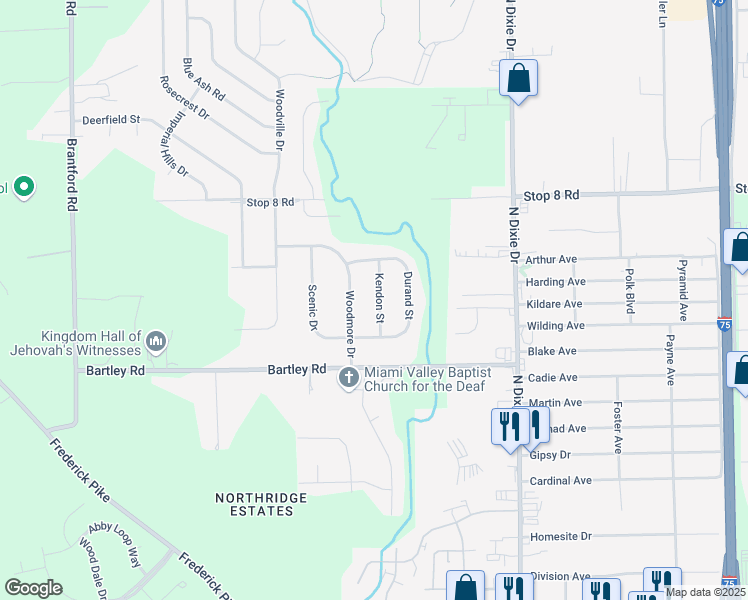 map of restaurants, bars, coffee shops, grocery stores, and more near 5749 Kendon Street in Dayton