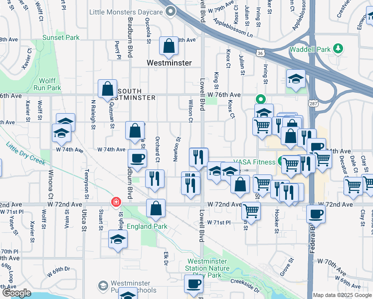 map of restaurants, bars, coffee shops, grocery stores, and more near 7395 Wilson Court in Westminster