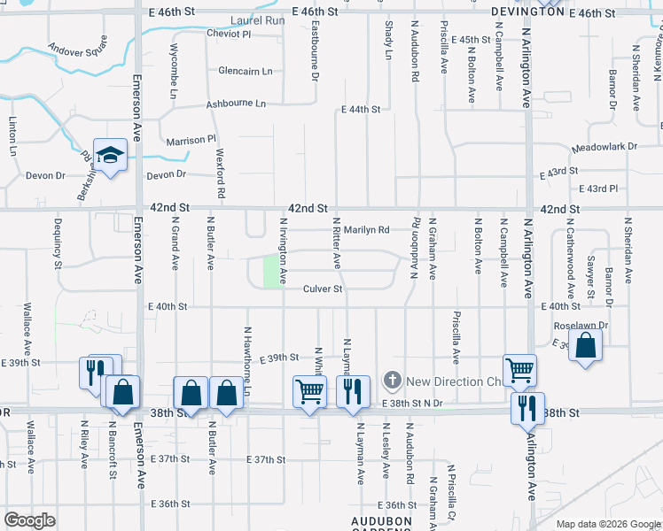 map of restaurants, bars, coffee shops, grocery stores, and more near 4046 North Ritter Avenue in Indianapolis