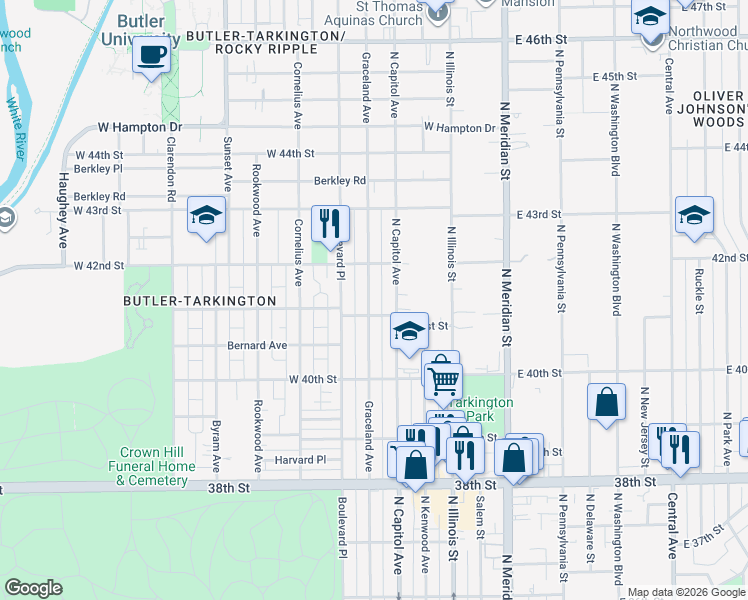 map of restaurants, bars, coffee shops, grocery stores, and more near 4122 Graceland Avenue in Indianapolis
