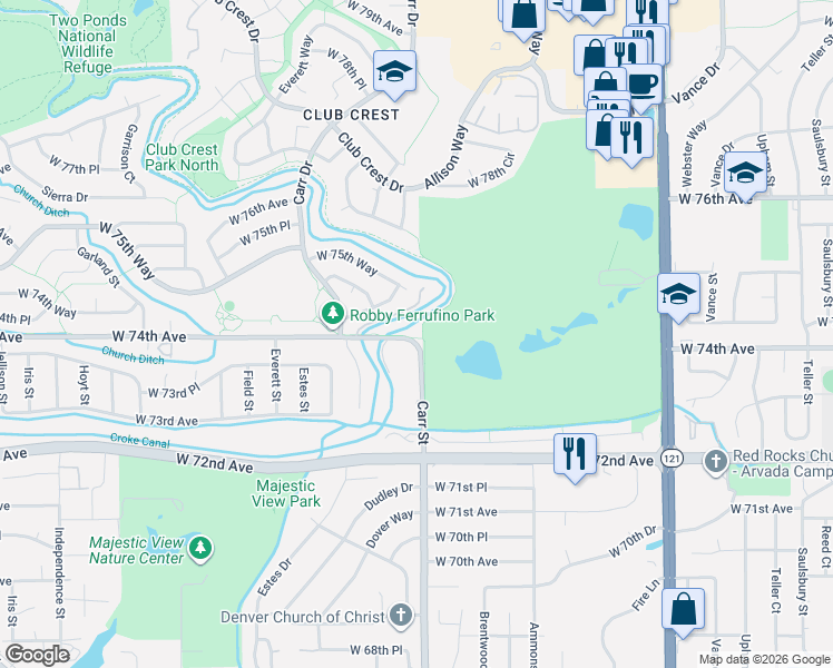 map of restaurants, bars, coffee shops, grocery stores, and more near 8405 West 74th Avenue in Arvada