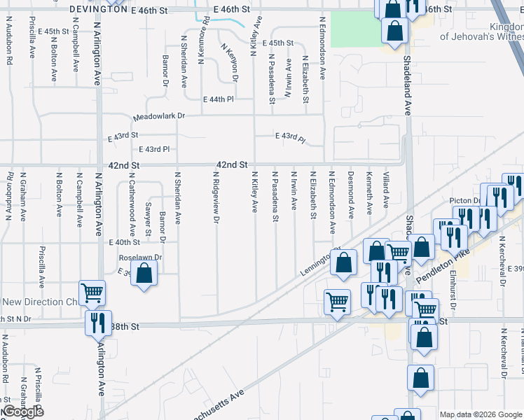 map of restaurants, bars, coffee shops, grocery stores, and more near 4039 North Kitley Avenue in Indianapolis