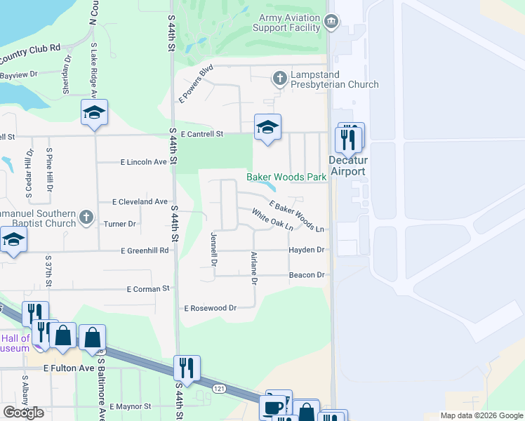 map of restaurants, bars, coffee shops, grocery stores, and more near 4668 White Oak Lane in Decatur