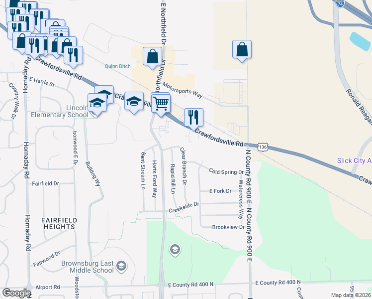 map of restaurants, bars, coffee shops, grocery stores, and more near 163 Clear Branch Drive in Brownsburg