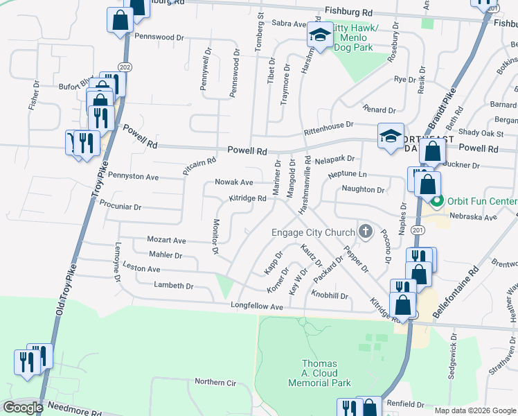 map of restaurants, bars, coffee shops, grocery stores, and more near 5380 Mystic Drive in Dayton