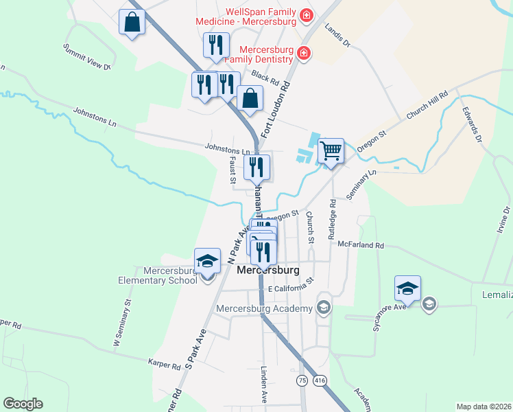 map of restaurants, bars, coffee shops, grocery stores, and more near 122 North Main Street in Mercersburg