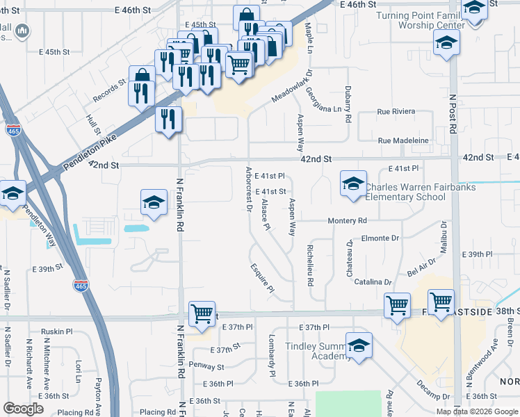 map of restaurants, bars, coffee shops, grocery stores, and more near 4054 Alsace Pl in Indianapolis