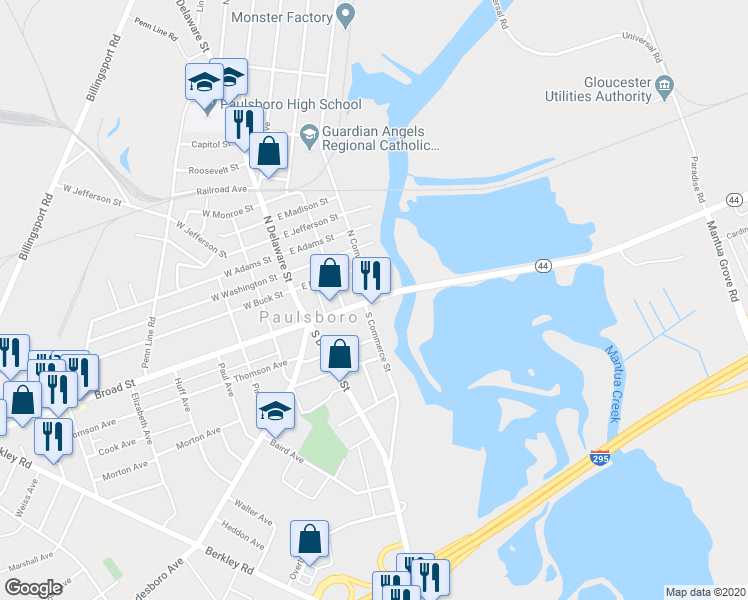 map of restaurants, bars, coffee shops, grocery stores, and more near 201 Crown Point Road in West Deptford