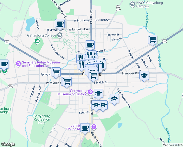 map of restaurants, bars, coffee shops, grocery stores, and more near 1 Carlisle Street in Gettysburg