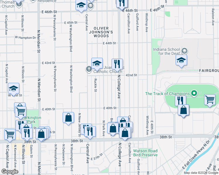 map of restaurants, bars, coffee shops, grocery stores, and more near 4144 Broadway Street in Indianapolis