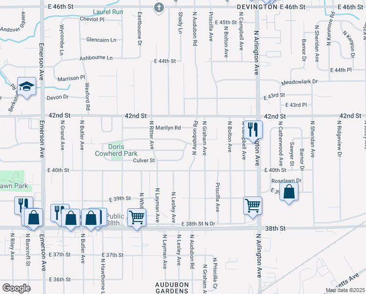 map of restaurants, bars, coffee shops, grocery stores, and more near 5614 Culver Street in Indianapolis