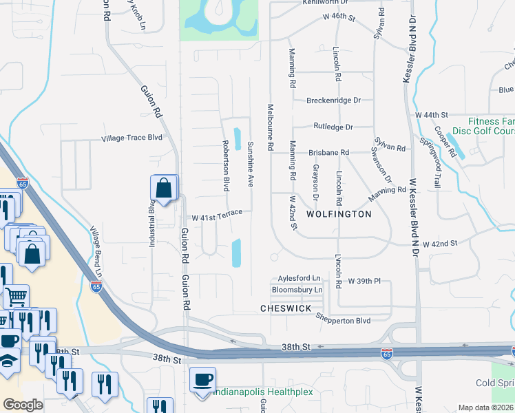 map of restaurants, bars, coffee shops, grocery stores, and more near 4125 Sunshine Avenue in Indianapolis
