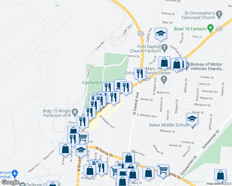 map of restaurants, bars, coffee shops, grocery stores, and more near 633 North Broad Street in Fairborn