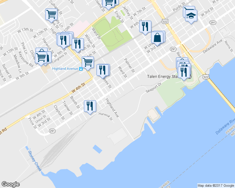 map of restaurants, bars, coffee shops, grocery stores, and more near 115 Hayes Street in Chester