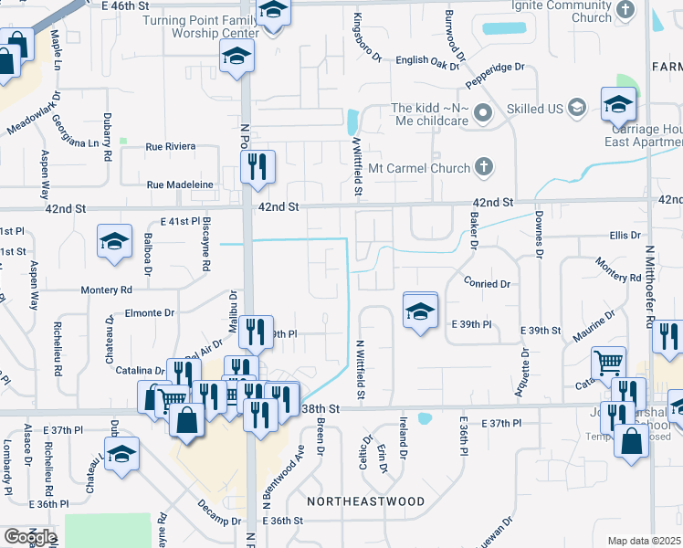 map of restaurants, bars, coffee shops, grocery stores, and more near 4019 Stratford Court in Indianapolis