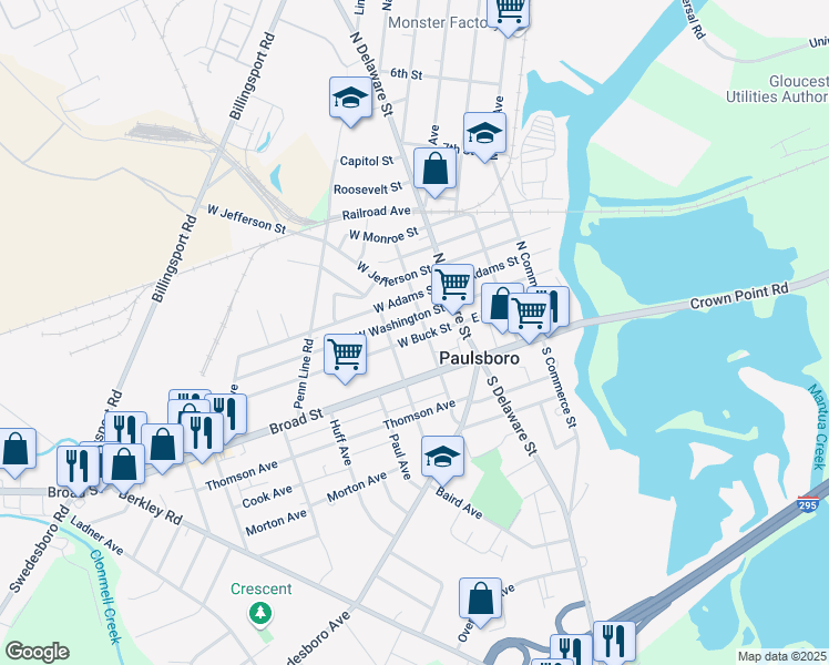 map of restaurants, bars, coffee shops, grocery stores, and more near 107-109 East Buck Street in Paulsboro