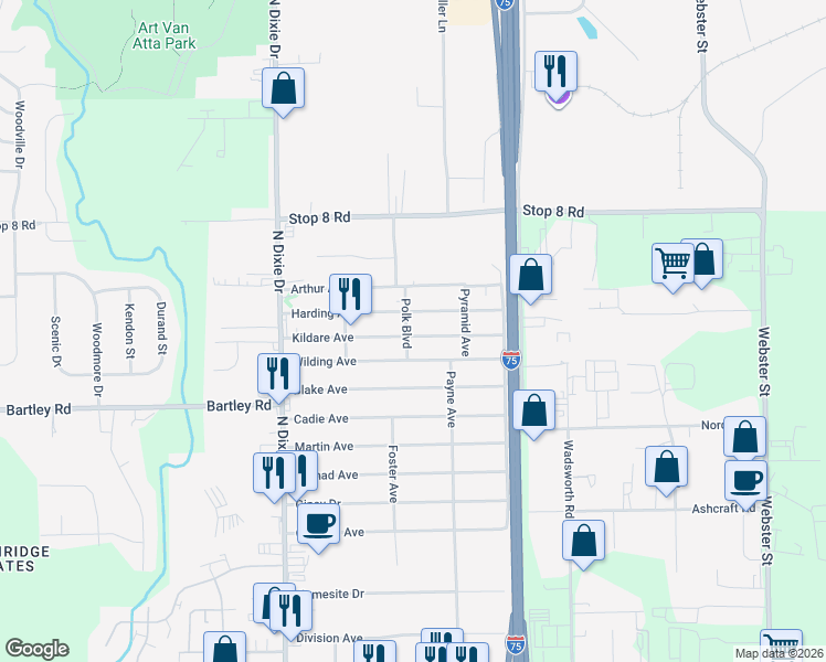 map of restaurants, bars, coffee shops, grocery stores, and more near 2407 Kildare Avenue in Dayton