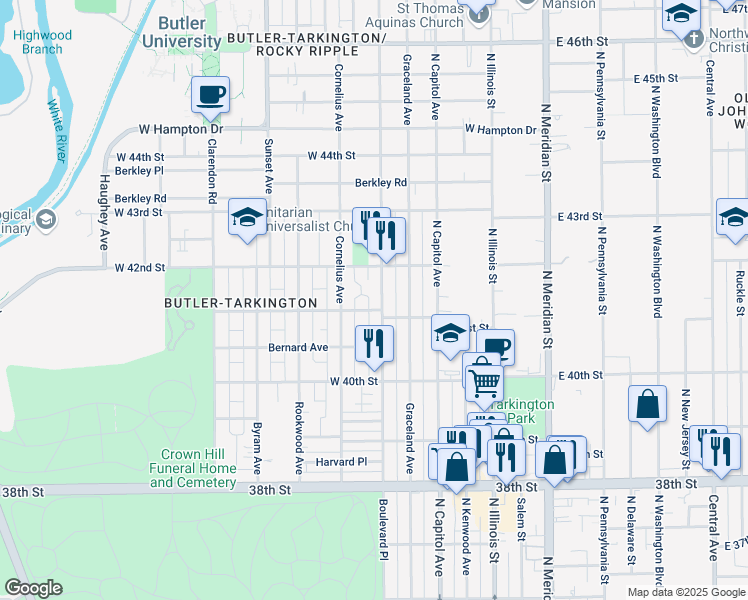 map of restaurants, bars, coffee shops, grocery stores, and more near 4110 Boulevard Place in Indianapolis
