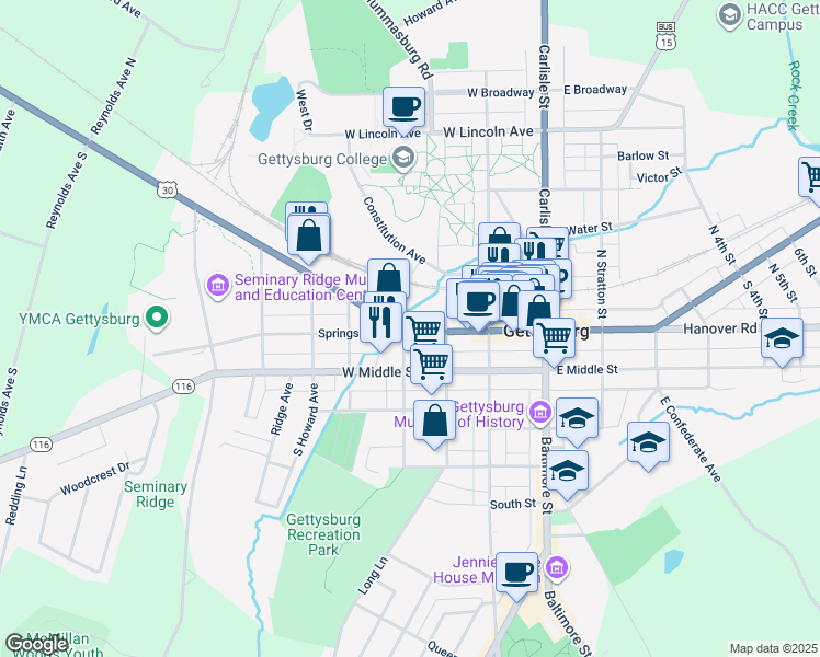 map of restaurants, bars, coffee shops, grocery stores, and more near 251 Chambersburg Street in Gettysburg