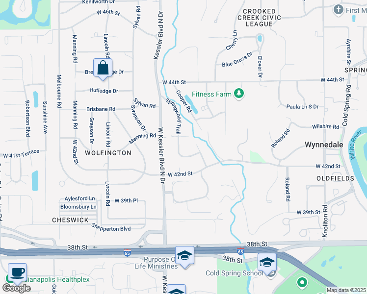 map of restaurants, bars, coffee shops, grocery stores, and more near 4275 Springwood Trail in Indianapolis