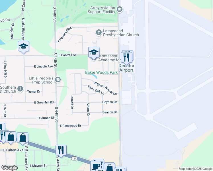 map of restaurants, bars, coffee shops, grocery stores, and more near 4800 East Baker Woods Lane in Decatur