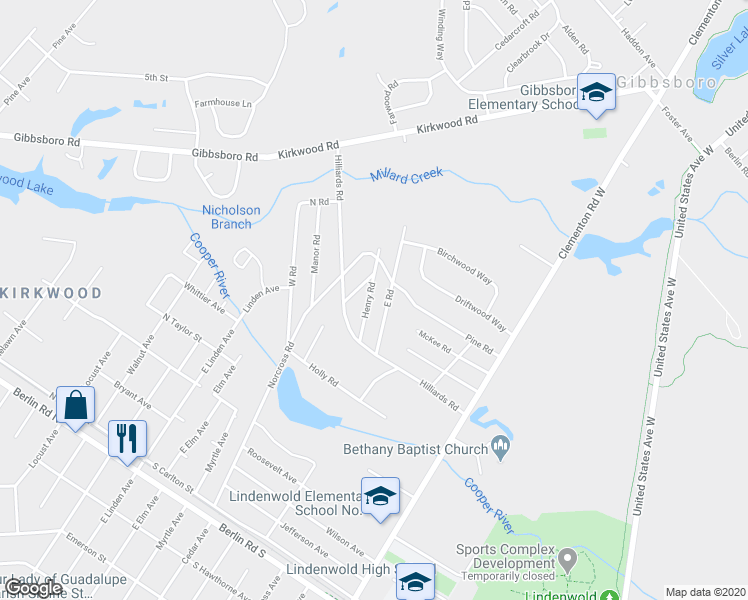 map of restaurants, bars, coffee shops, grocery stores, and more near 22 Henry Road in Gibbsboro