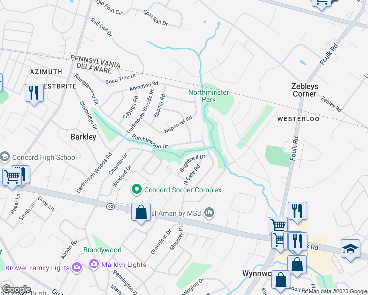 map of restaurants, bars, coffee shops, grocery stores, and more near 2400 Ramblewood Drive in Wilmington