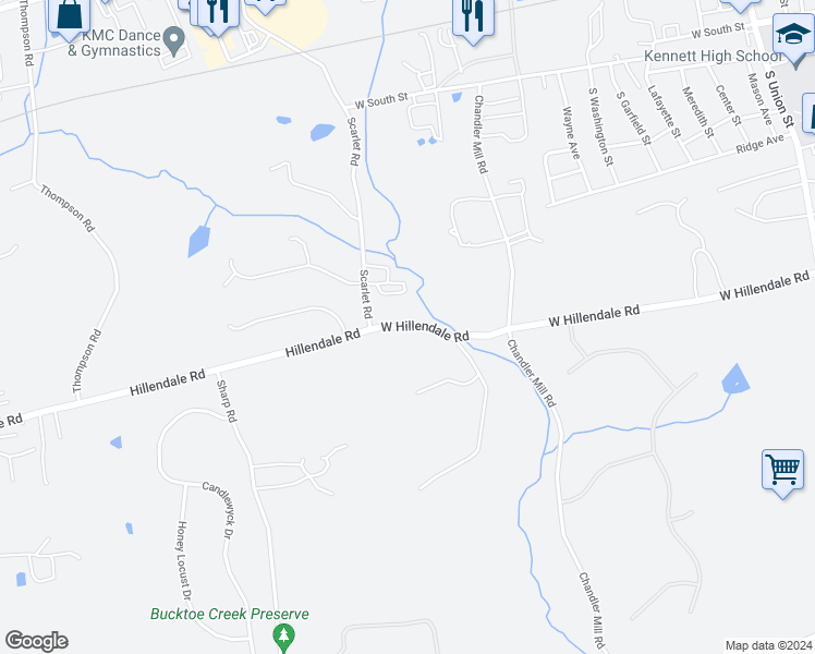 map of restaurants, bars, coffee shops, grocery stores, and more near 405 W Street in Kennett Square