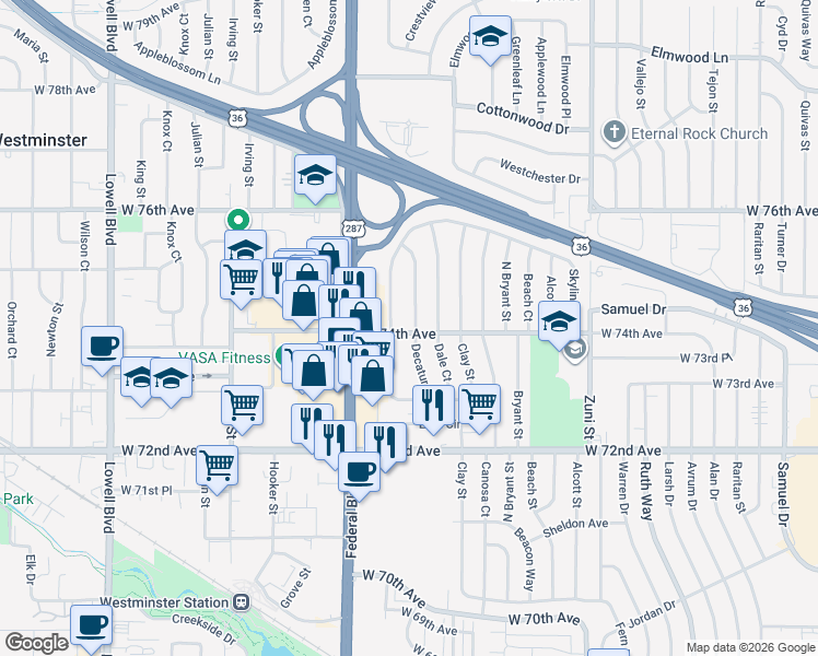 map of restaurants, bars, coffee shops, grocery stores, and more near 7401 Decatur Street in Westminster