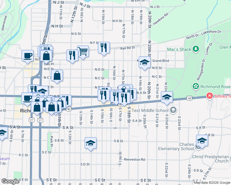 map of restaurants, bars, coffee shops, grocery stores, and more near 112 1/2 North 16th Street in Richmond