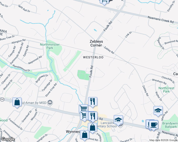 map of restaurants, bars, coffee shops, grocery stores, and more near 2617 Foulk Road in Wilmington