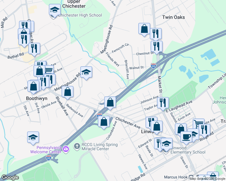 map of restaurants, bars, coffee shops, grocery stores, and more near 2103 Opal Avenue in Boothwyn
