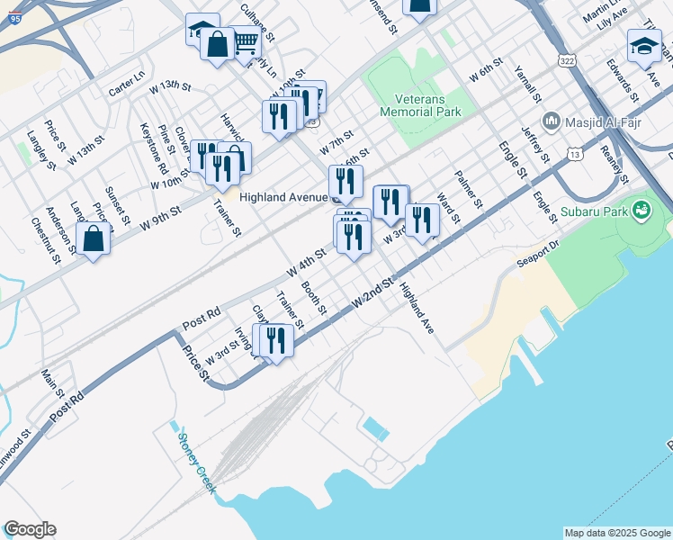 map of restaurants, bars, coffee shops, grocery stores, and more near 2926 West 3rd Street in Chester