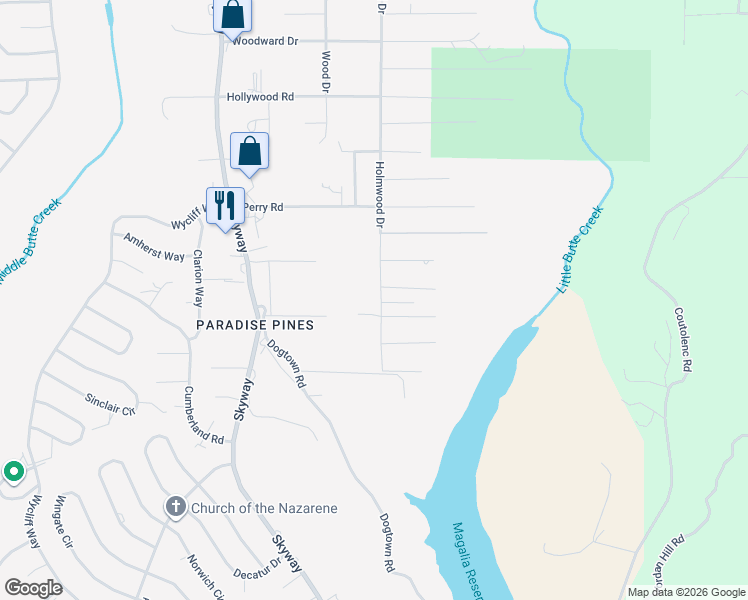 map of restaurants, bars, coffee shops, grocery stores, and more near 14365 Holmwood Drive in Magalia