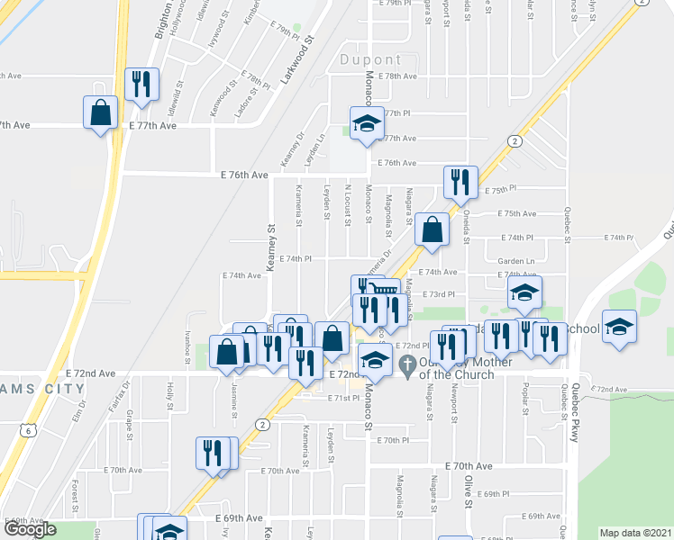 map of restaurants, bars, coffee shops, grocery stores, and more near 7410 Leyden Street in Commerce City