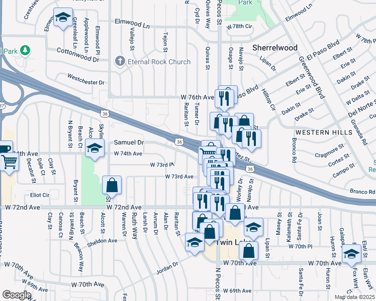 map of restaurants, bars, coffee shops, grocery stores, and more near 1861 Samuel Drive in Denver