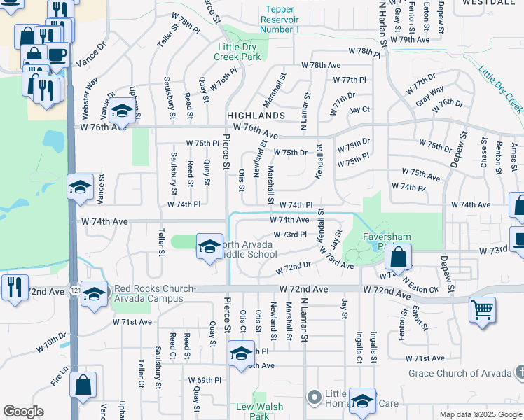 map of restaurants, bars, coffee shops, grocery stores, and more near 6600 West 74th Place in Arvada