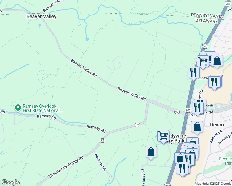 map of restaurants, bars, coffee shops, grocery stores, and more near 408 Beaver Valley Road in Wilmington