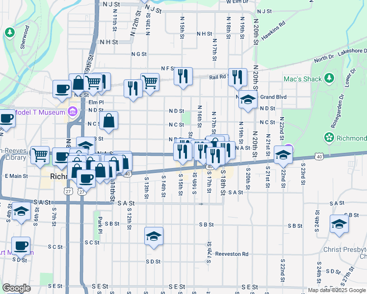 map of restaurants, bars, coffee shops, grocery stores, and more near 112 North 15th Street in Richmond