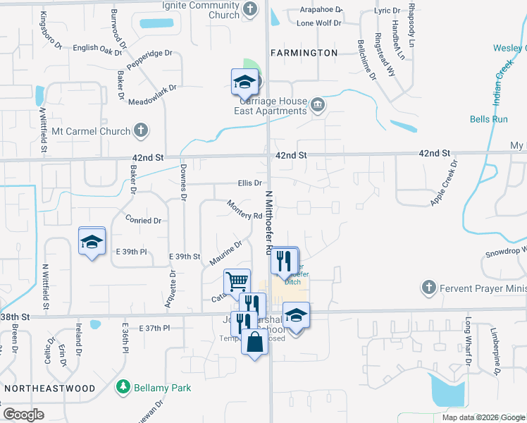 map of restaurants, bars, coffee shops, grocery stores, and more near 9964 Montery Road in Indianapolis