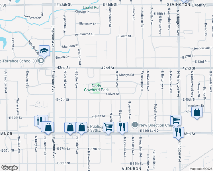 map of restaurants, bars, coffee shops, grocery stores, and more near 5426 Glencoe Street in Indianapolis
