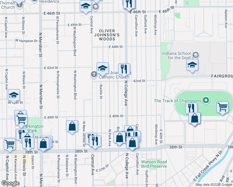 map of restaurants, bars, coffee shops, grocery stores, and more near 4144 Broadway Street in Indianapolis